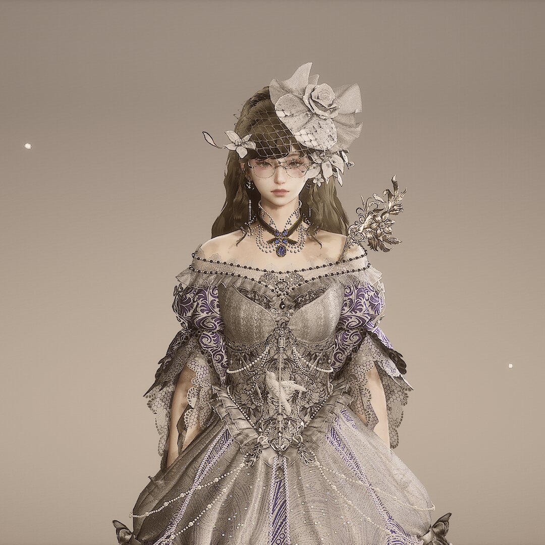 Portrait of NPXI: a young woman with brown hair, round spectacles and a lace hat trimmed with roses, wearing a silver-grey ball gown embroidered in violet.